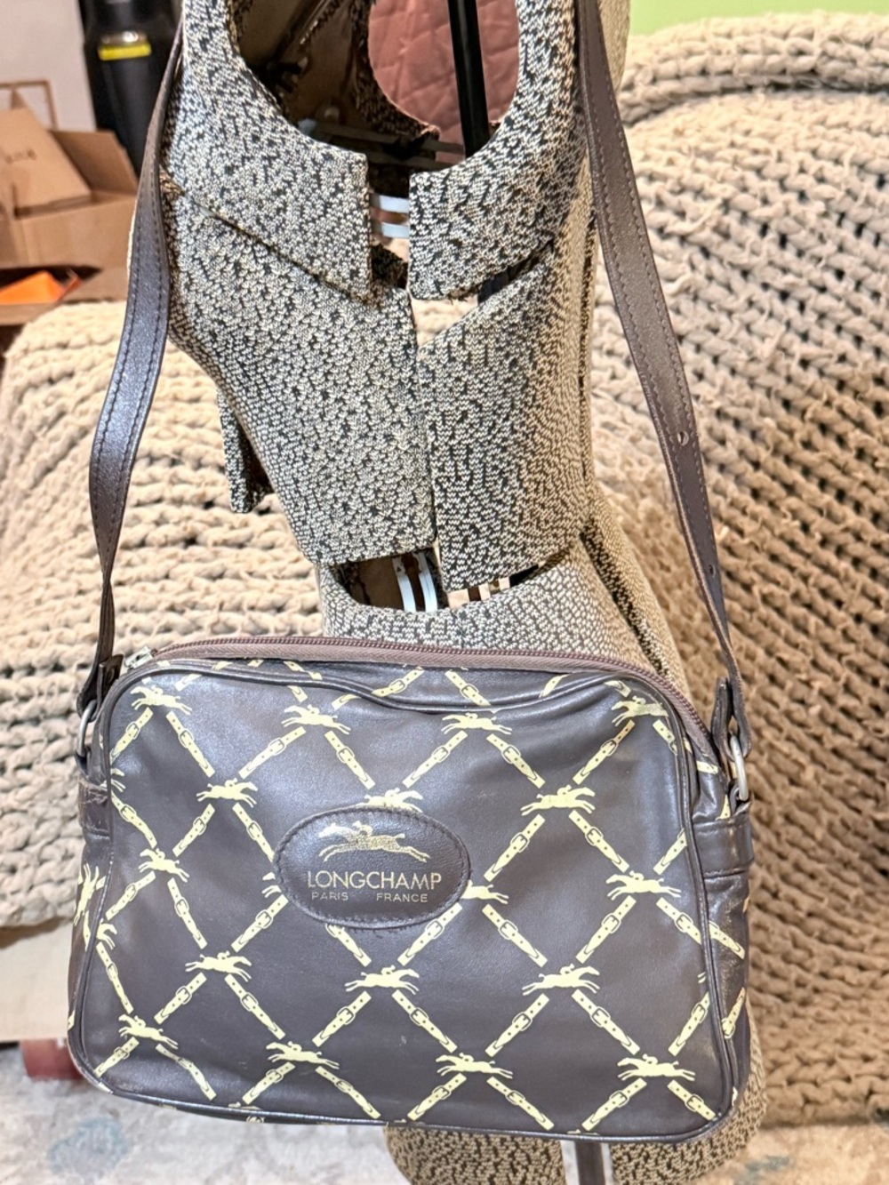 Vintage Longchamp Gray Crossbody Bag with Gold Chain-Print